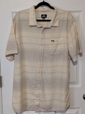 O'Neill Men's Short Sleeve Button-Down Shirt - Cream with Light Gray Stripes